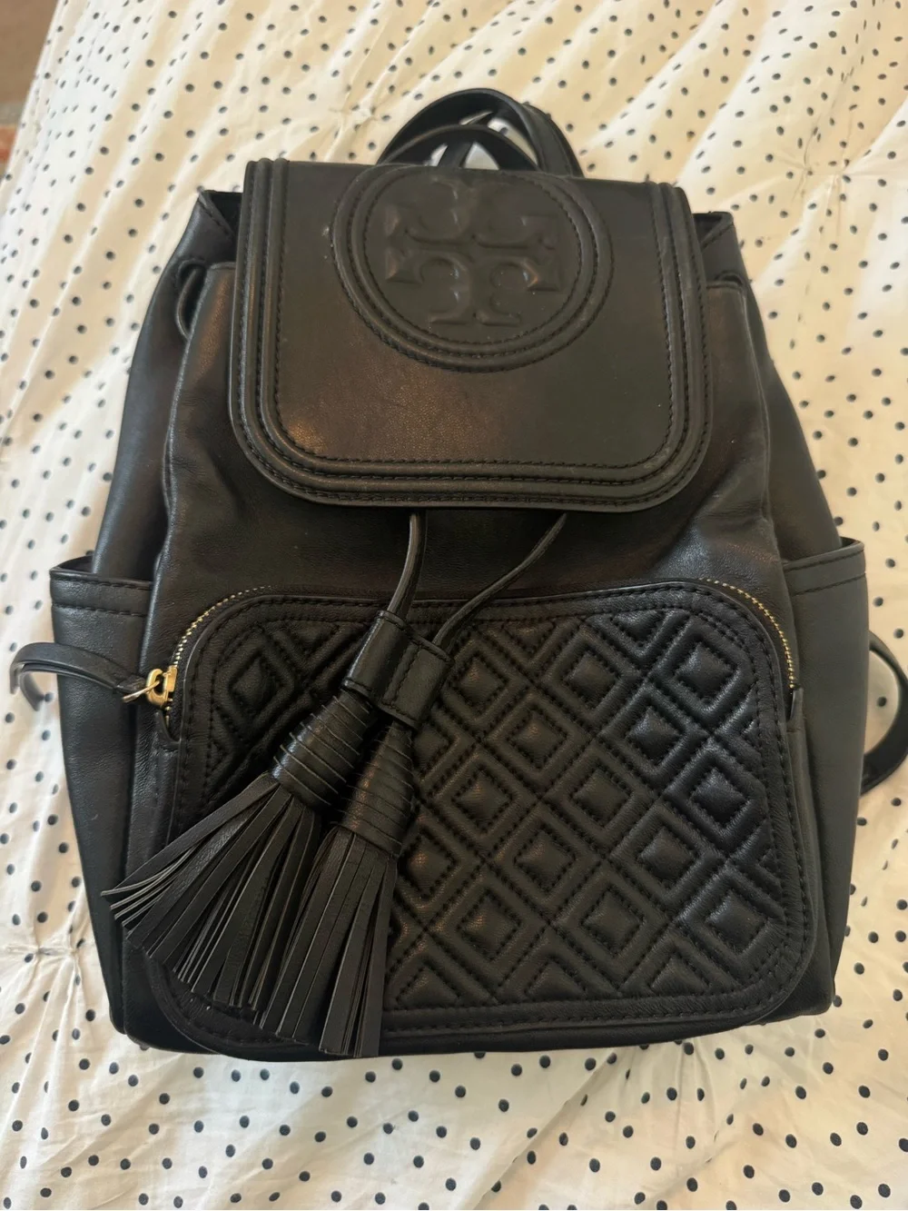 Tory Burch Black Quilted Front Pocket Leather Backpack with Tassels